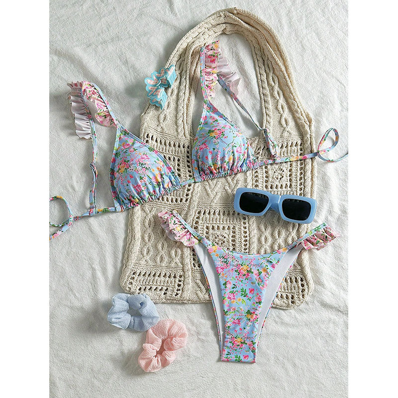 Damen Triangel-Bikini mit floralen Rüschendetails