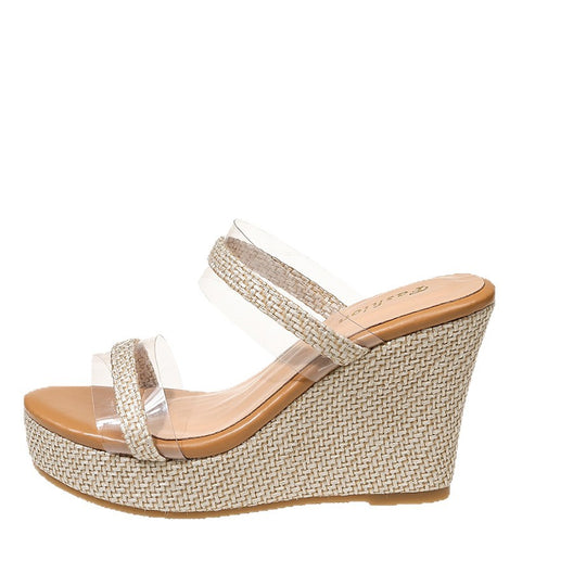 Damen Wedge-Sandalen mit transparenten Riemen und geflochtenem Plateau R&B