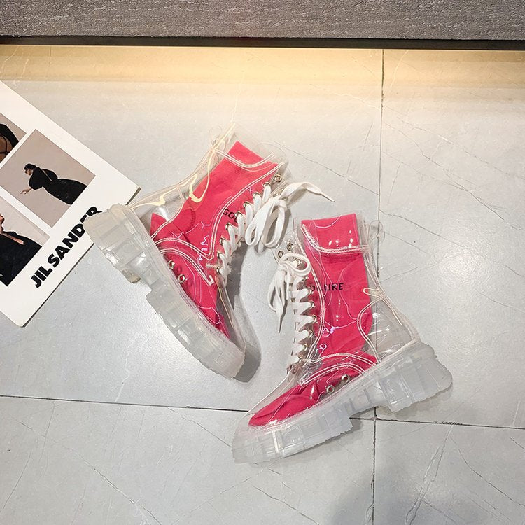 Damen trendige Stiefeletten im transparenten Design mit knalligem Detail R&B