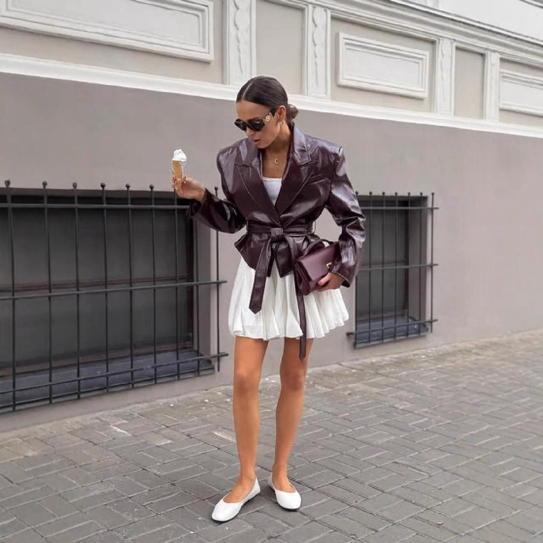 Damen Kunstlederblazer mit taillierbarem Gürtel R&B