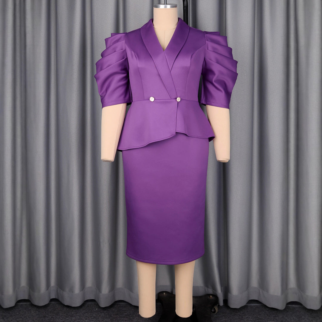 Damen Elegantes Business-Kleid mit stilvollem Wickel-Design und Puffärmeln R&B