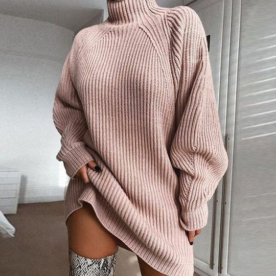 Damen Grobstrickpullover mit hohem Kragen und asymmetrischem Saum R&B