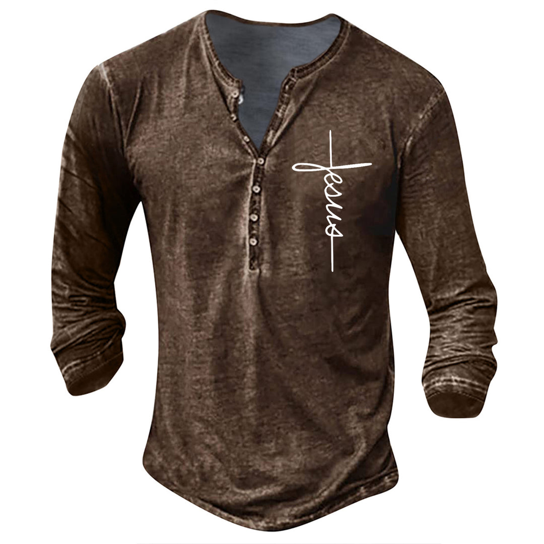 Herren Langarm Henley-Shirt mit kreativem Grafikdruck R&B