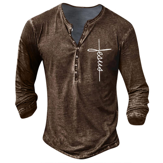 Herren Langarm Henley-Shirt mit kreativem Grafikdruck R&B