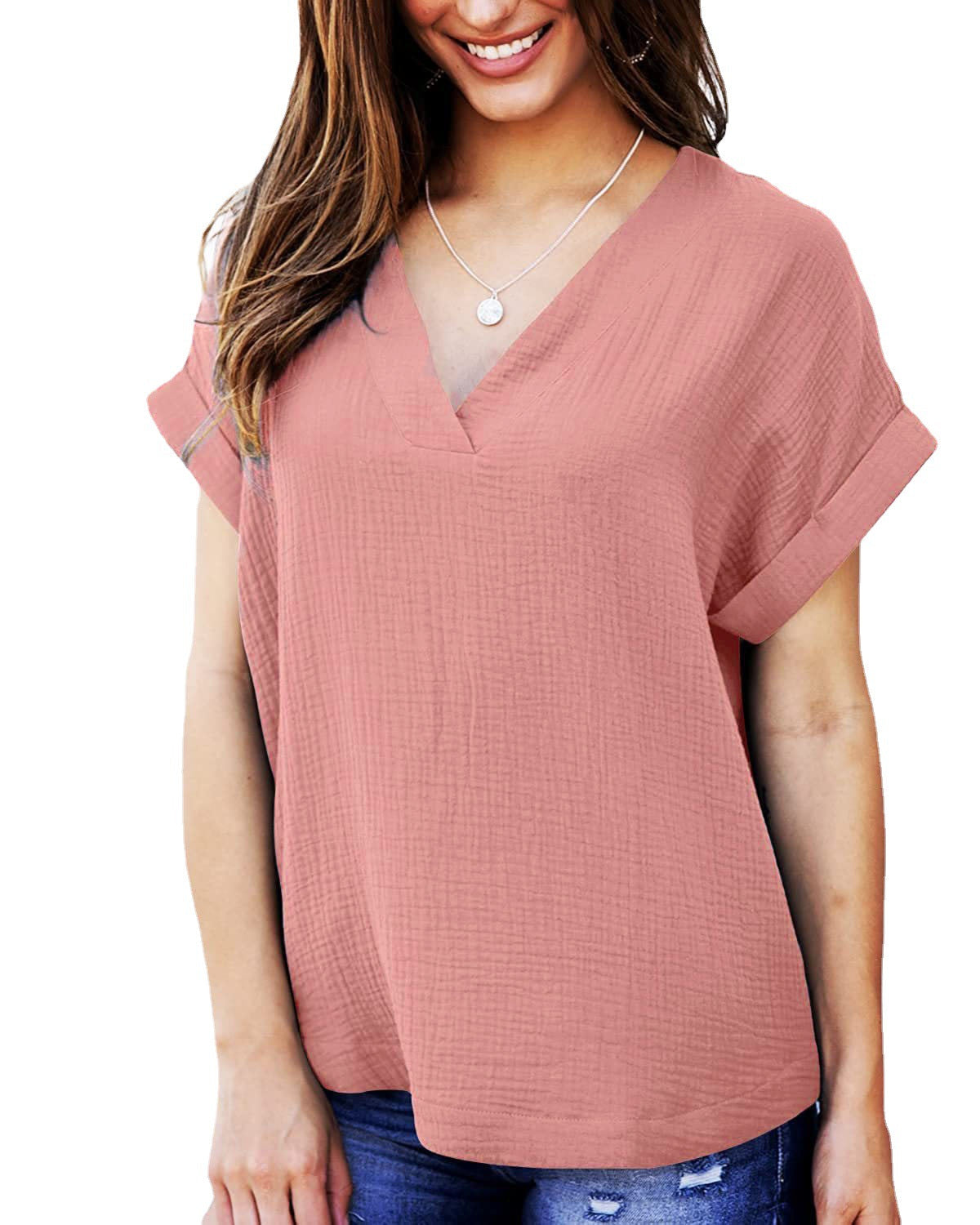 Damen lässiges V-Ausschnitt T-Shirt mit luftiger Passform und umgeschlagenen Ärmeln R&B