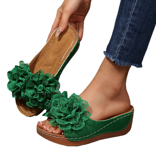 Damen modische Keilabsatz-Pantoletten mit floralen Applikationen R&B