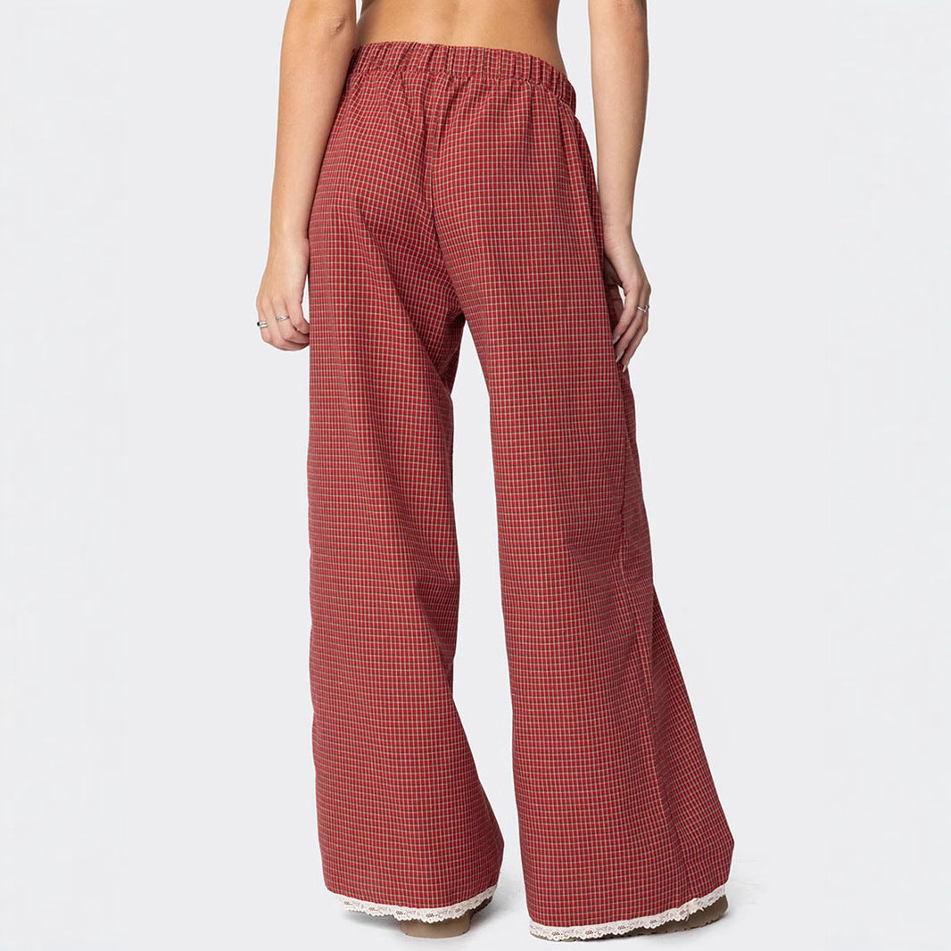 Damen Weit geschnittene Karohose mit Spitzendetails R&B
