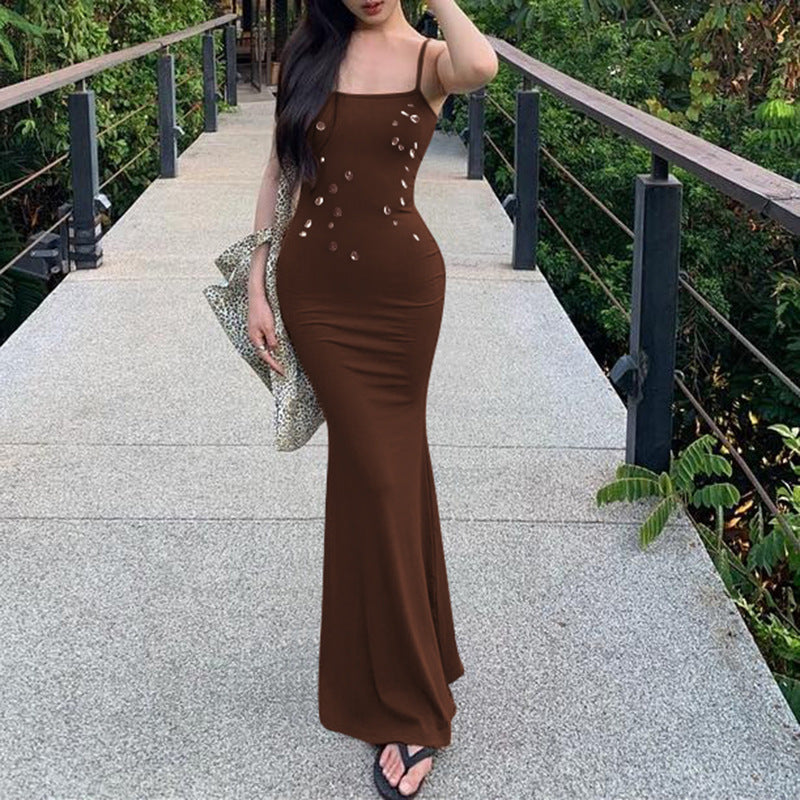 Damen figurbetontes Maxikleid mit schickem Spaghettiträger-Design und elegantem Glitzerakzent R&B