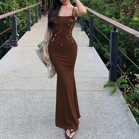 Damen figurbetontes Maxikleid mit schickem Spaghettiträger-Design und elegantem Glitzerakzent R&B
