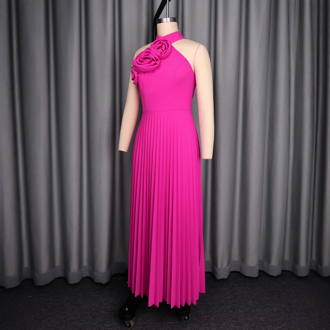 Damen Elegantes Plissiertes Maxikleid mit dekorativen Rosen R&B