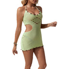 Damen elegantes Freizeit-Strandkleid mit durchscheinendem Häkelmuster R&B