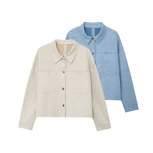 Damen modische Kunstlederjacke mit aufgesetzten Taschen R&B