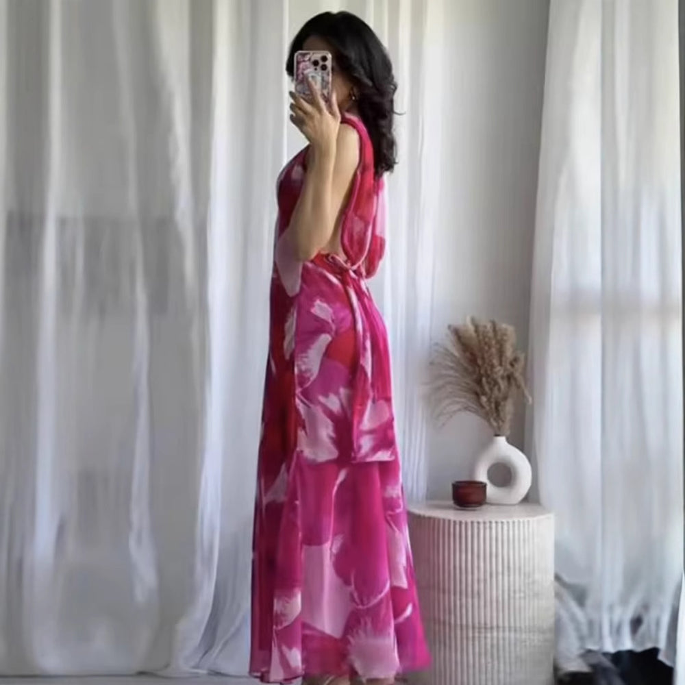 Damen Maxikleid mit floralen Akzenten und schickem Halterneck R&B