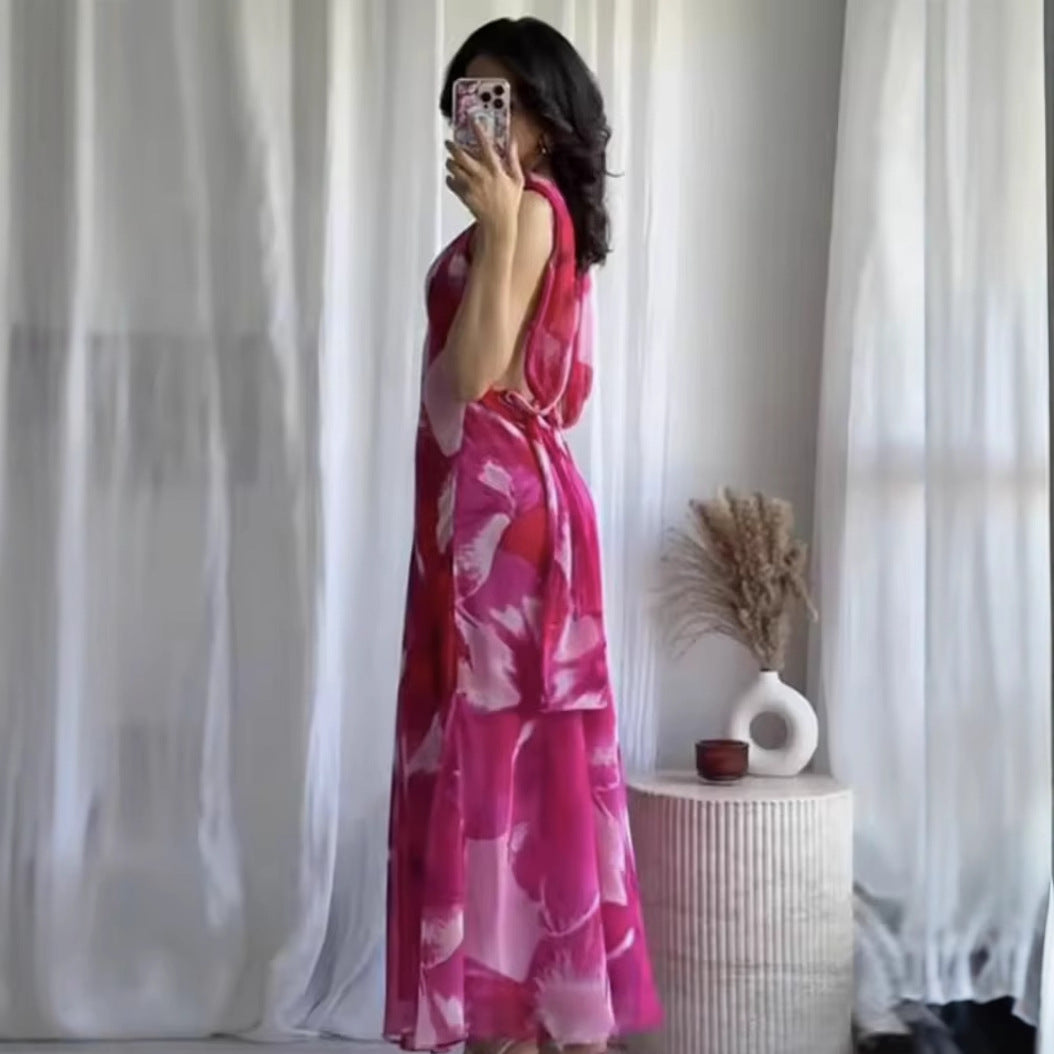 Damen Maxikleid mit floralen Akzenten und schickem Halterneck R&B