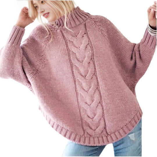 Damen Grobstrick Pullover mit hohem Kragen und dekorativem Zopfmuster R&B