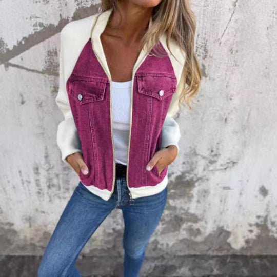 Damen nan Sweat-Jeans-Bomberjacke mit Raglanärmeln Brustklappen und Reißverschluss R&B
