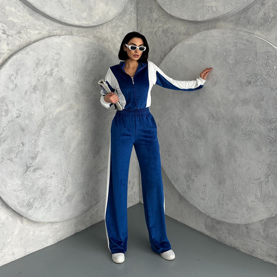 Damen sportlicher Velours Jogginganzug mit Reißverschluss und seitlichen Streifen R&B