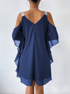 Damen schulterfreies Flatterkleid mit glitzernden Trägern R&B