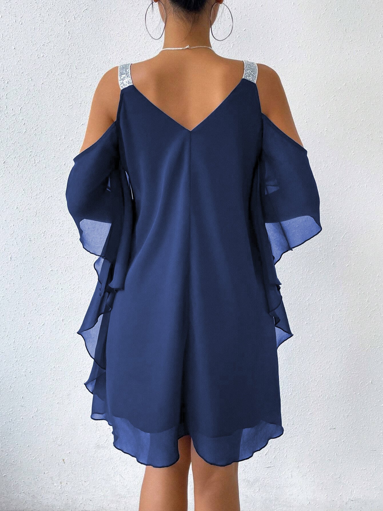 Damen schulterfreies Flatterkleid mit glitzernden Trägern R&B