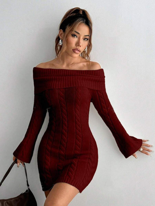 Damen figurbetontes Strickkleid mit weitem Ausschnitt R&B