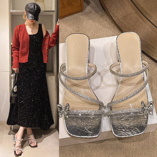 Damen glamouröse Sandalen mit funkelndem Riemen und transparentem Blockabsatz R&B