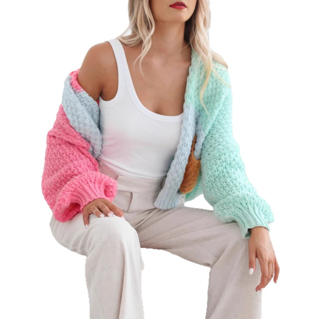 Damen kuschelige Strickjacke mit oversized Ärmeln und Farbkombination R&B