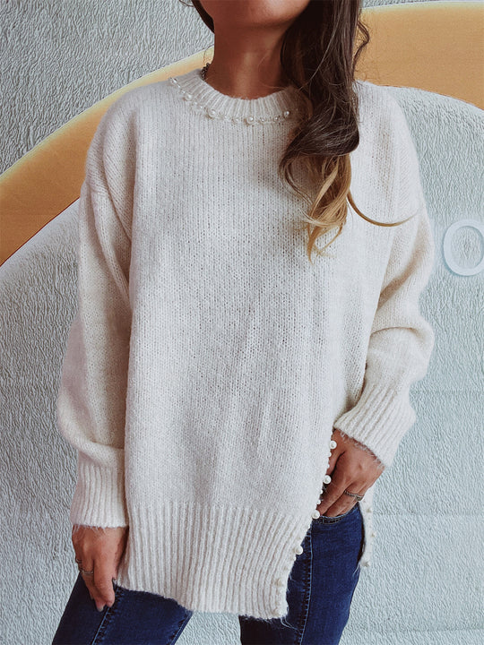 Damen Grobstrickpullover mit Perlenausschnitt und asymmetrischem Saum R&B