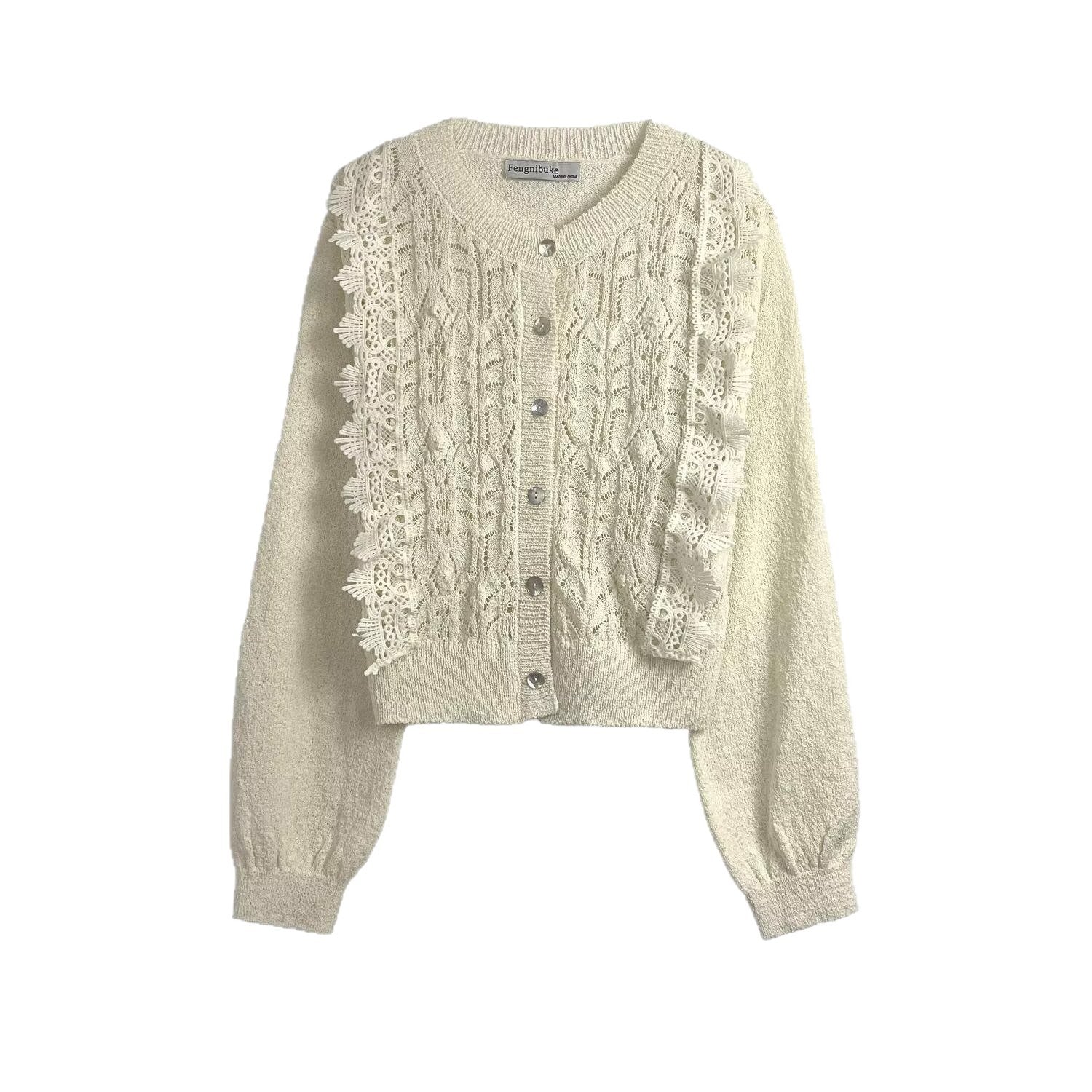 Damen Strickjacke mit filigranen Häkelakzenten und Knopfleiste R&B