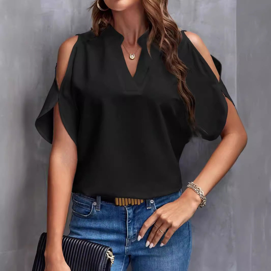 Damen Elegante Bluse mit offenen Schultern und Stehkragen R&B