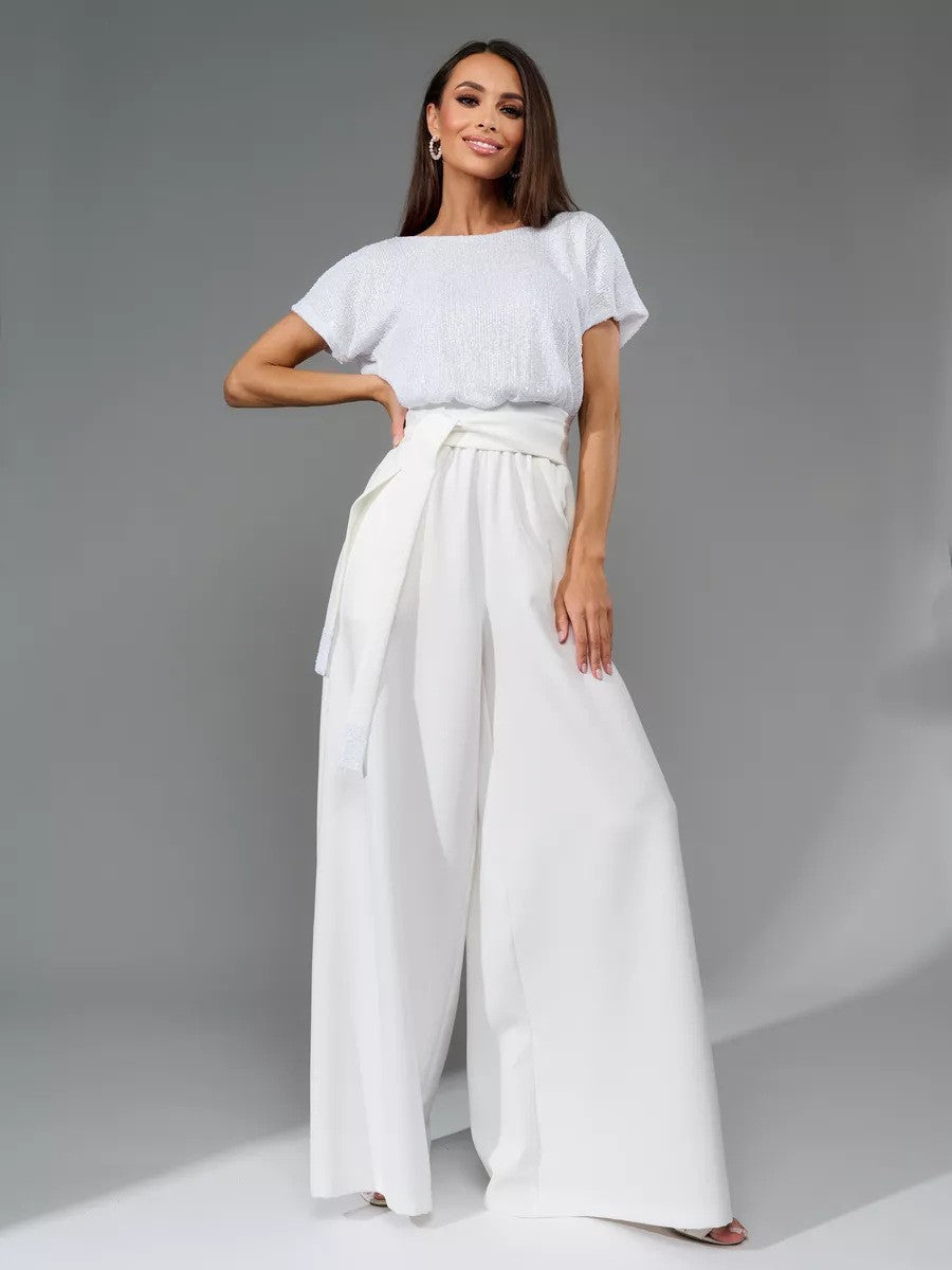 Damen Glitzernder Jumpsuit mit weitem Bein und Taillengürtel R&B