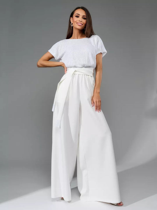 Damen Glitzernder Jumpsuit mit weitem Bein und Taillengürtel R&B