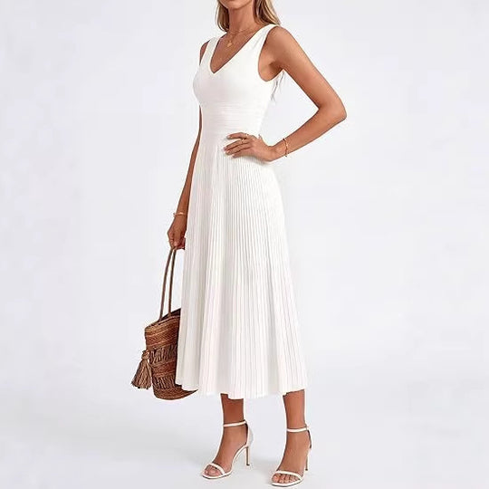 Damen Plisseekleid mit V-Ausschnitt und weitem Saum R&B
