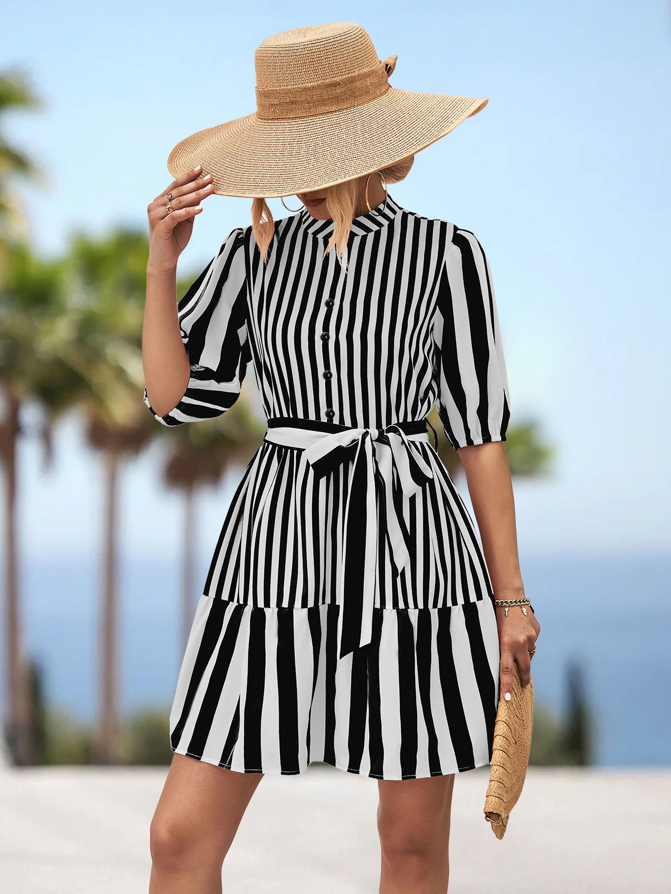Damen Hemdblusenkleid mit gestreiftem Design und tailliertem Gürtel R&B