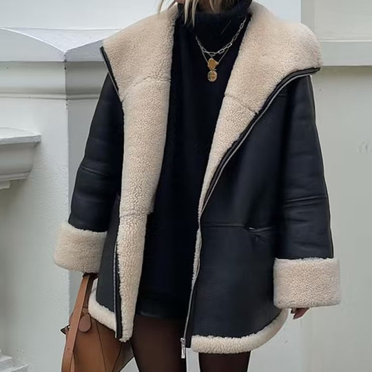 Damen Kunstlederjacke mit weichem Teddyfutter und praktischen Taschen R&B