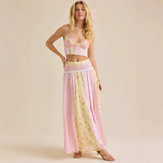 Damen nan romantisches Crop-Top mit Spaghettiträgern und gestuftem Patchwork-Maxirock R&B