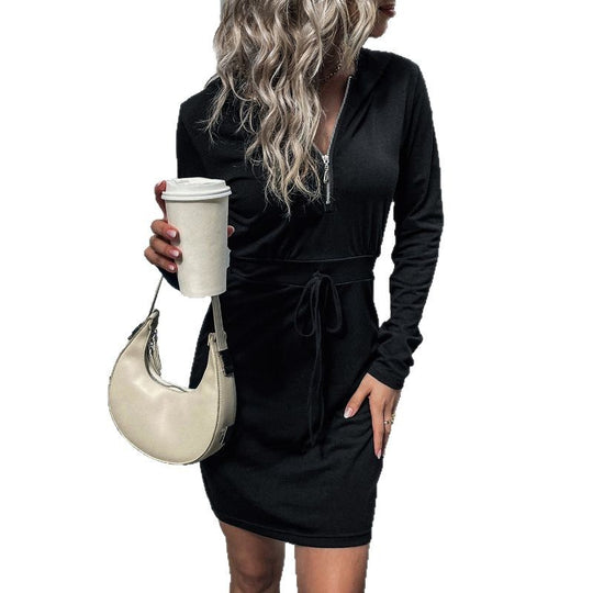 Damen Kapuzenkleid mit Reißverschluss und Taillenzug R&B
