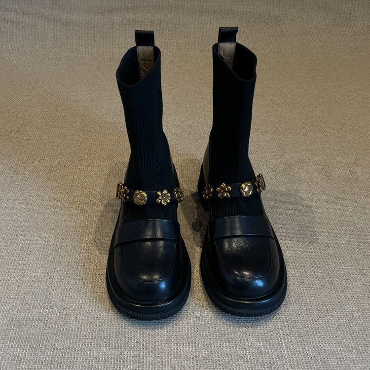 Damen Elegante Ankle Boots mit modischem Strickschaft und dekorativen Schnallen R&B