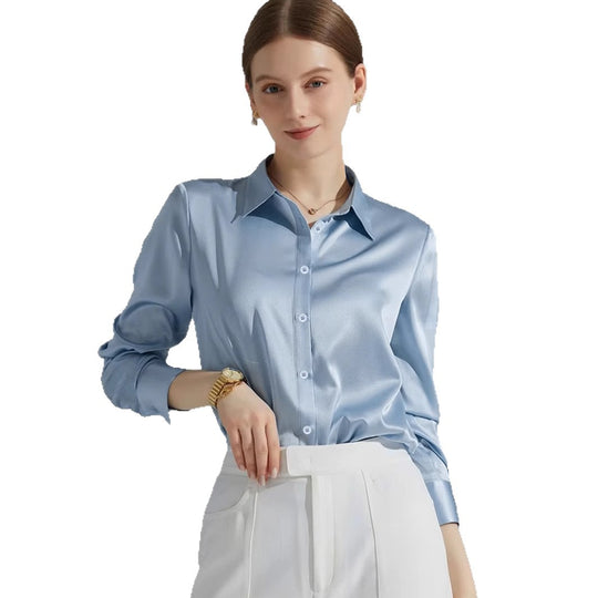 Damen Luxus Satin-Bluse mit elegantem Kragen und weichen Ärmeln R&B