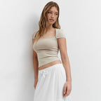 Damen Figurbetontes Kurzarmshirt mit quadratischem Ausschnitt und elastischem Material R&B
