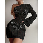 Damen elegantes Häkelkleid mit asymmetrischem Schnitt und langen Ärmeln R&B