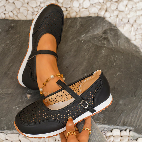 Damen Atmungsaktive Ballerinas mit elegantem Lochmuster und verstellbarem Riemen R&B