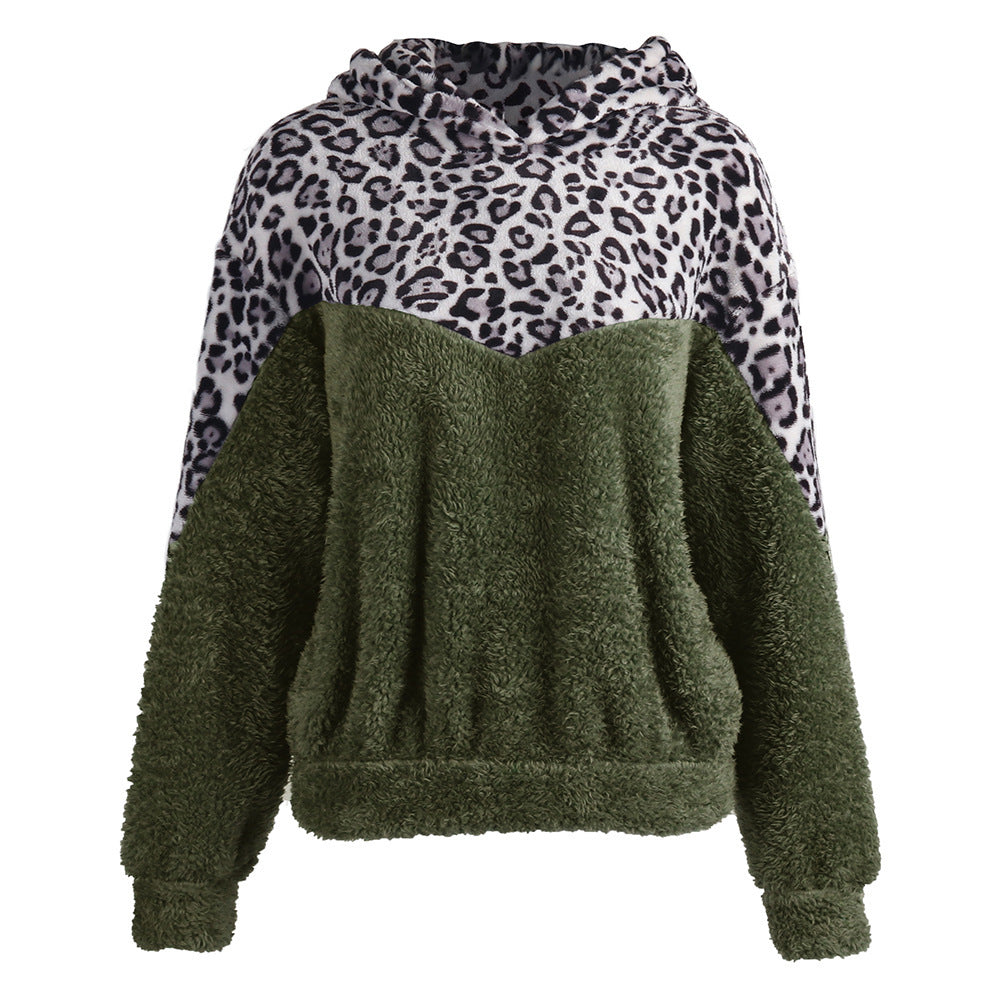 Damen Gemütlicher Teddy-Pullover mit Kapuze und Leopardenmuster R&B