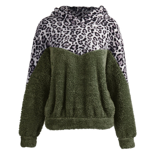 Damen Gemütlicher Teddy-Pullover mit Kapuze und Leopardenmuster R&B