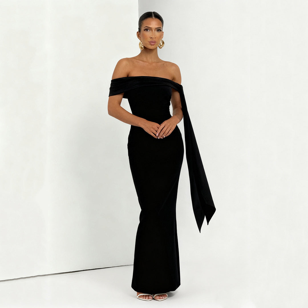 Damen Off-Shoulder Maxikleid mit eleganter Schleifenverzierung R&B