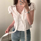 Damen kurzarm bluse mit dekorativen bindR&Bändern R&B