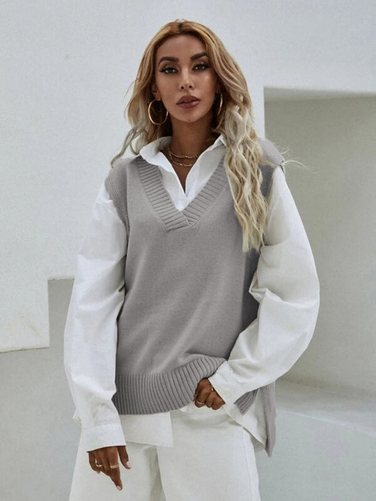 Damen Strickweste mit V-Ausschnitt und eleganter Rippenstruktur R&B