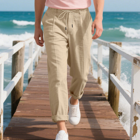 Herren nan strandtaugliche Leinenmisch-Loungehose mit elastischem Tunnelzug, dezenter Bundfalte und umgeschlagenem Knöchelabschluss R&B