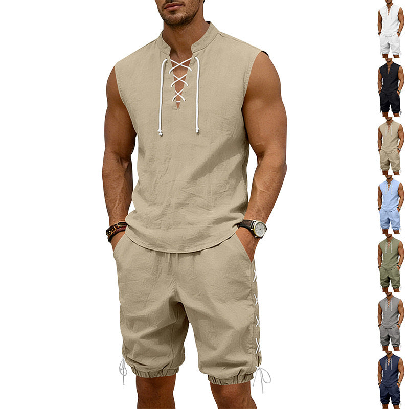 Herren nan ärmelloses Freizeit-Set mit Schnürkragen und Kordelzug-Bermuda R&B