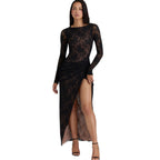 Damen Elegantes Spitzen-Maxikleid mit tiefem Schlitz und zartem Drapierungseffekt R&B