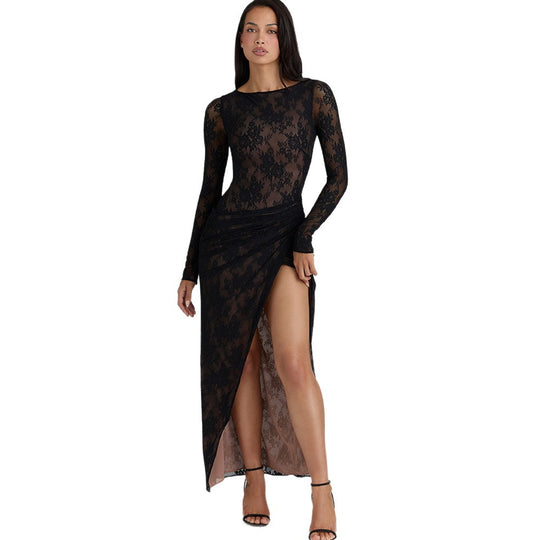 Damen Elegantes Spitzen-Maxikleid mit tiefem Schlitz und zartem Drapierungseffekt R&B